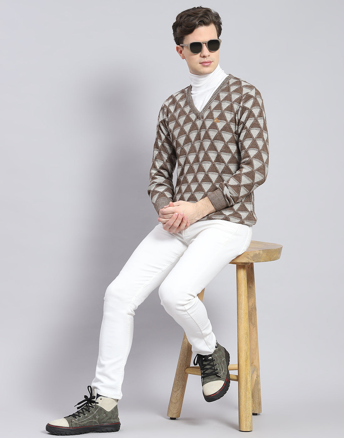 Buy Men Brown Self Design V Neck Full Sleeve Pullover Online in India ...
