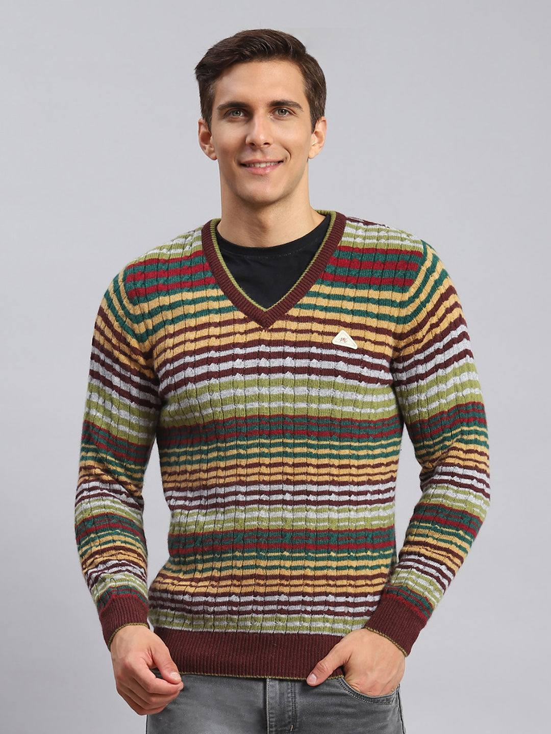 Men Maroon Stripe Lamb wool Pullover