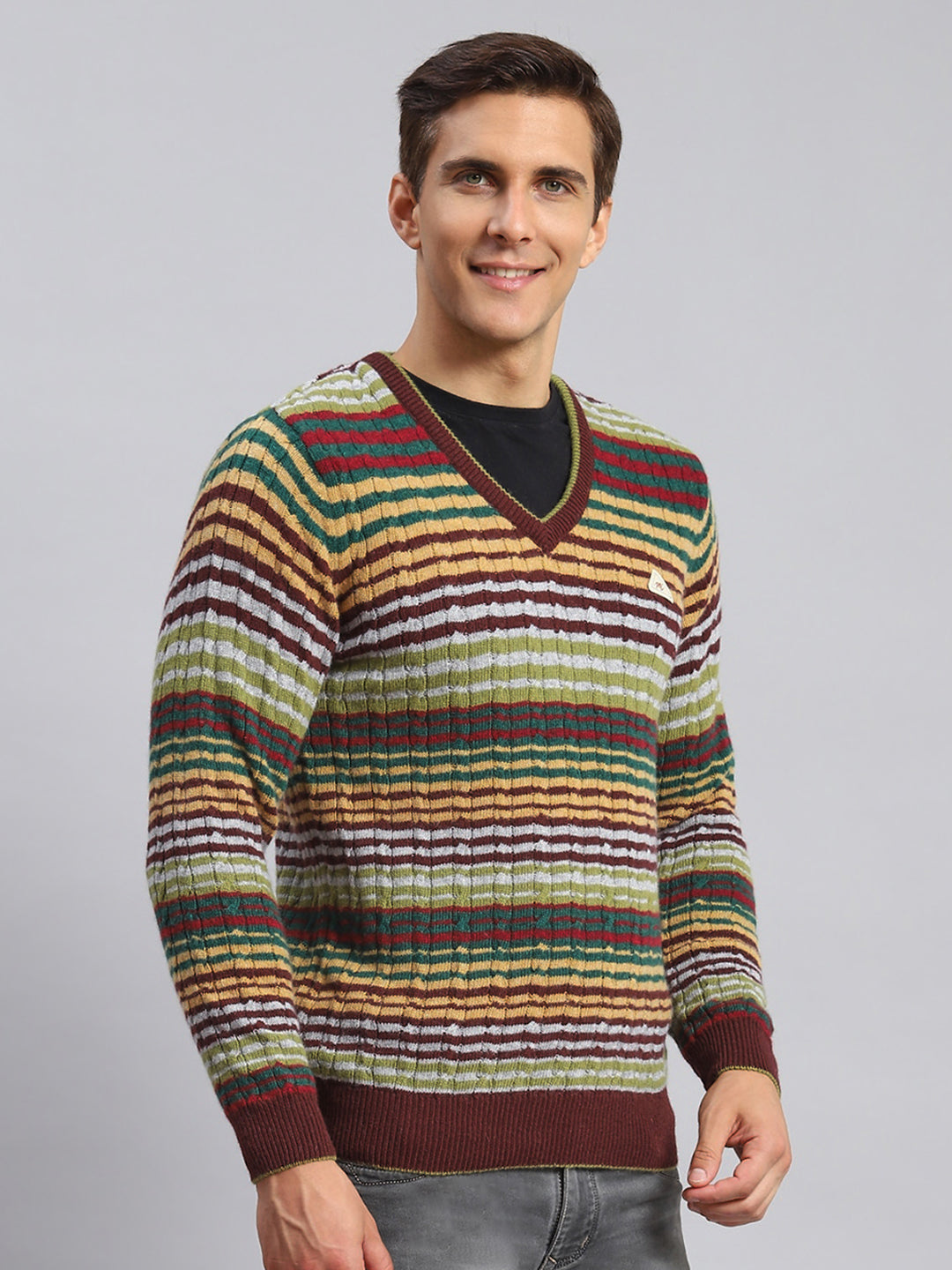 Men Maroon Stripe Lamb wool Pullover