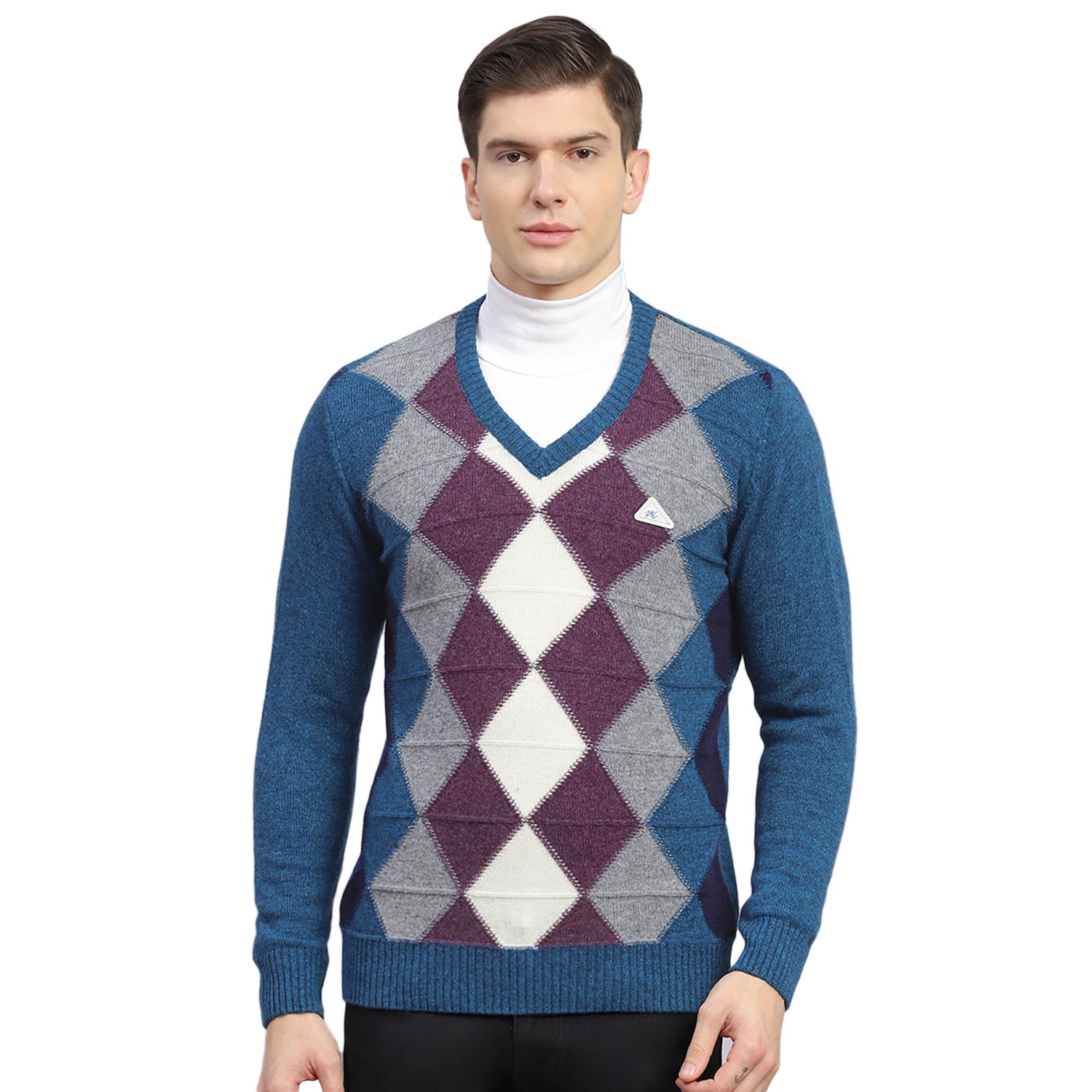 Men Teal Blue Self Design V Neck Full Sleeve Sweater