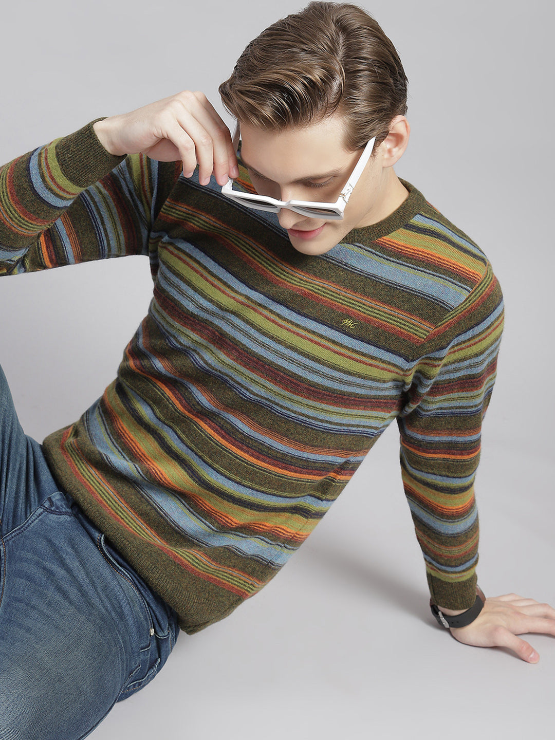 Men Olive Stripe Round Neck Full Sleeve Sweaters/Pullovers