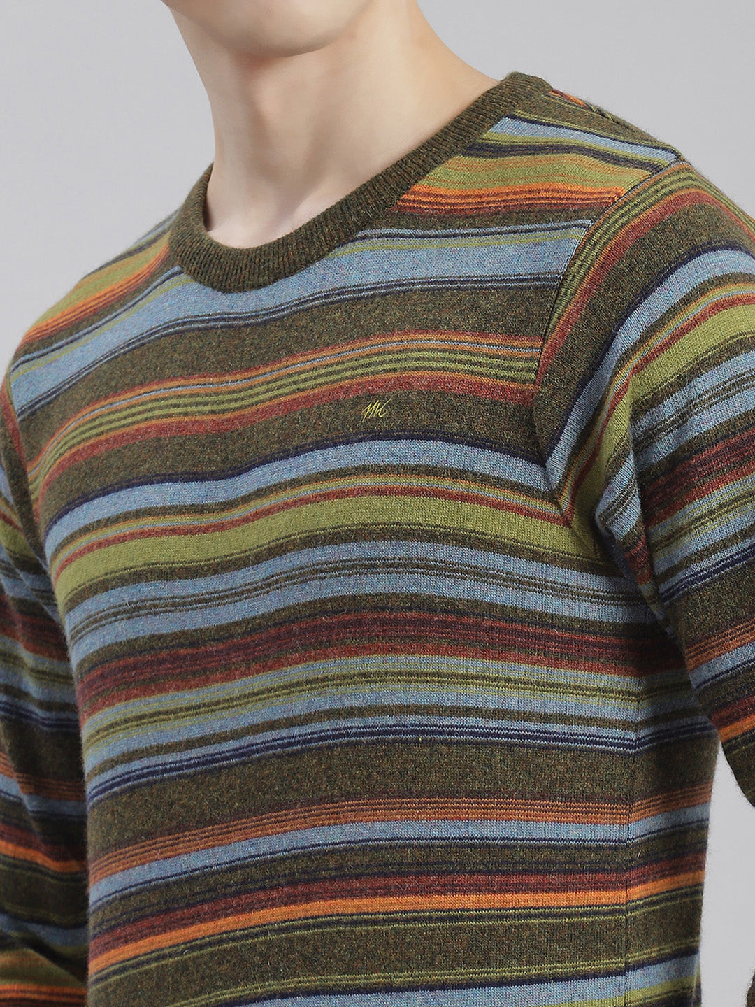 Men Olive Stripe Round Neck Full Sleeve Sweaters/Pullovers