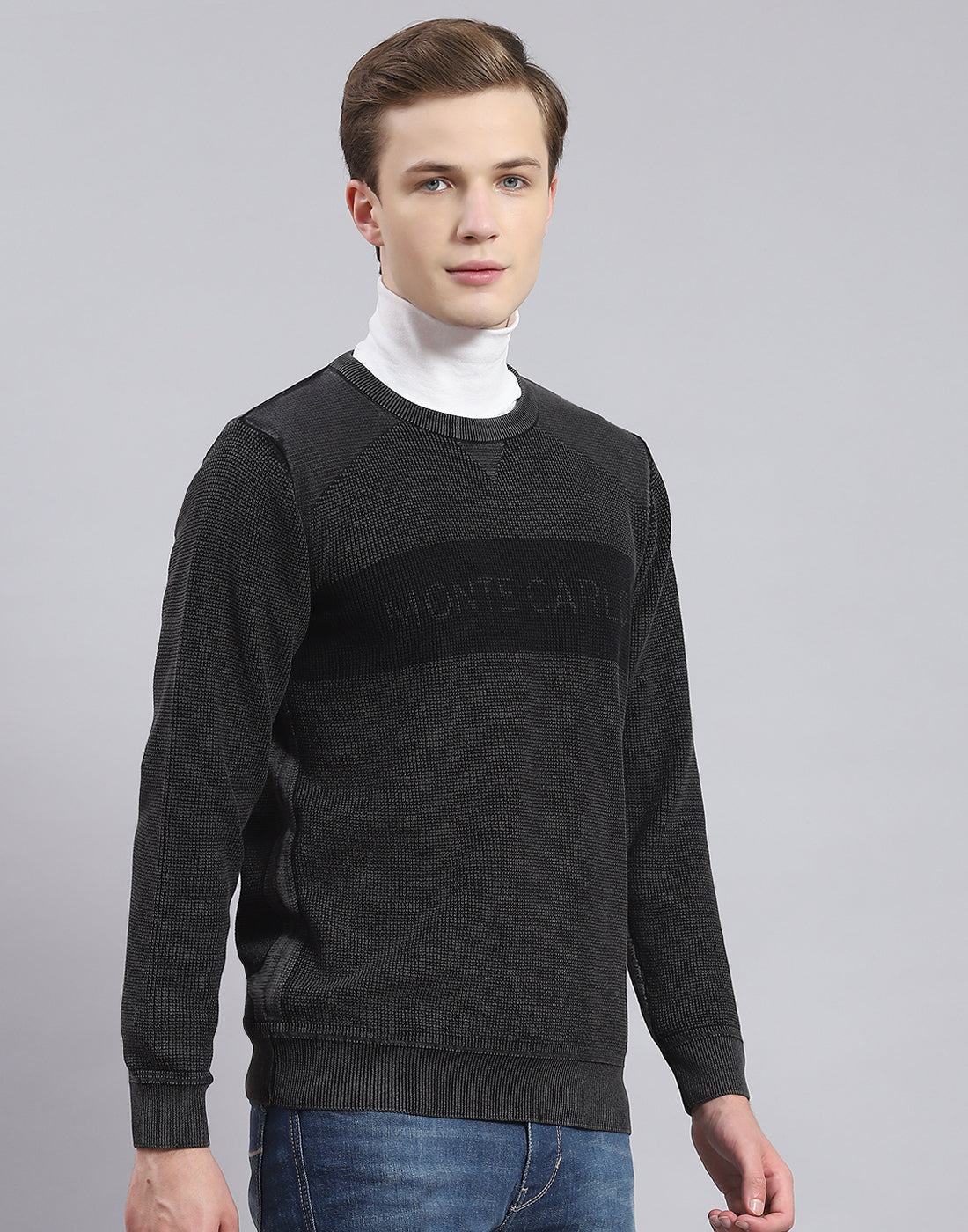 Men Grey Self Design Round Neck Full Sleeve Sweater