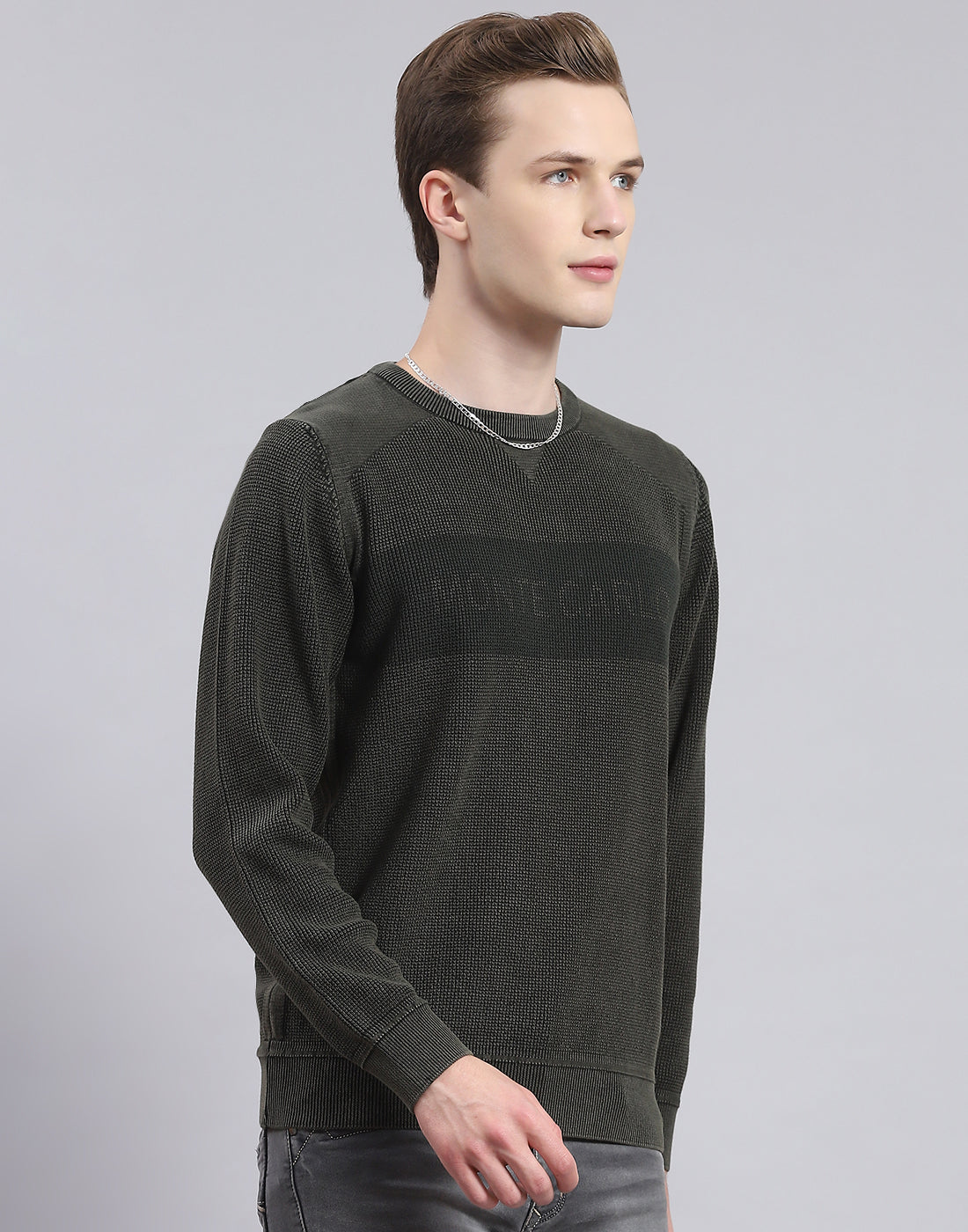 Men Green Self Design Round Neck Full Sleeve Sweater