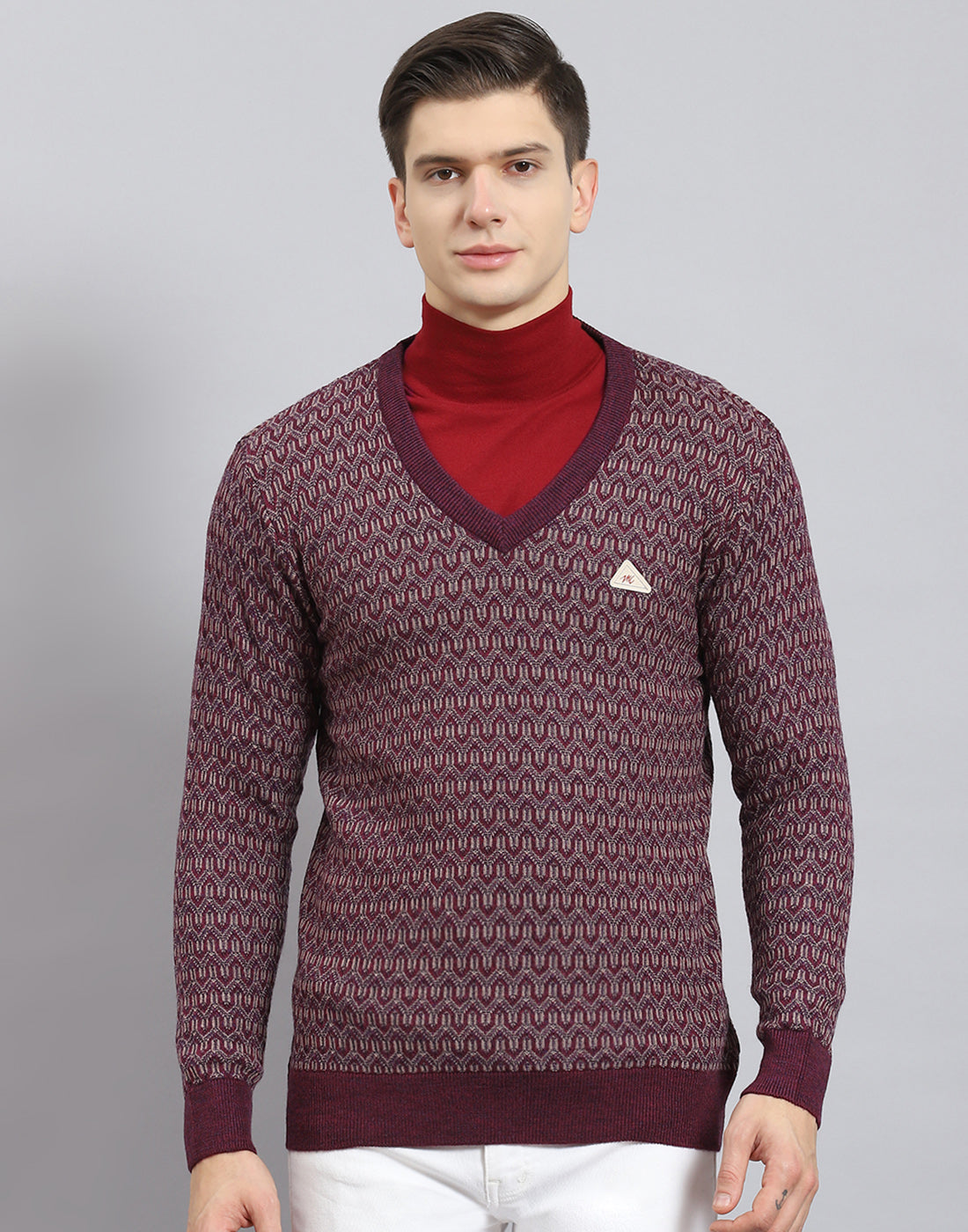 Men Purple Self Design V Neck Full Sleeve Sweater