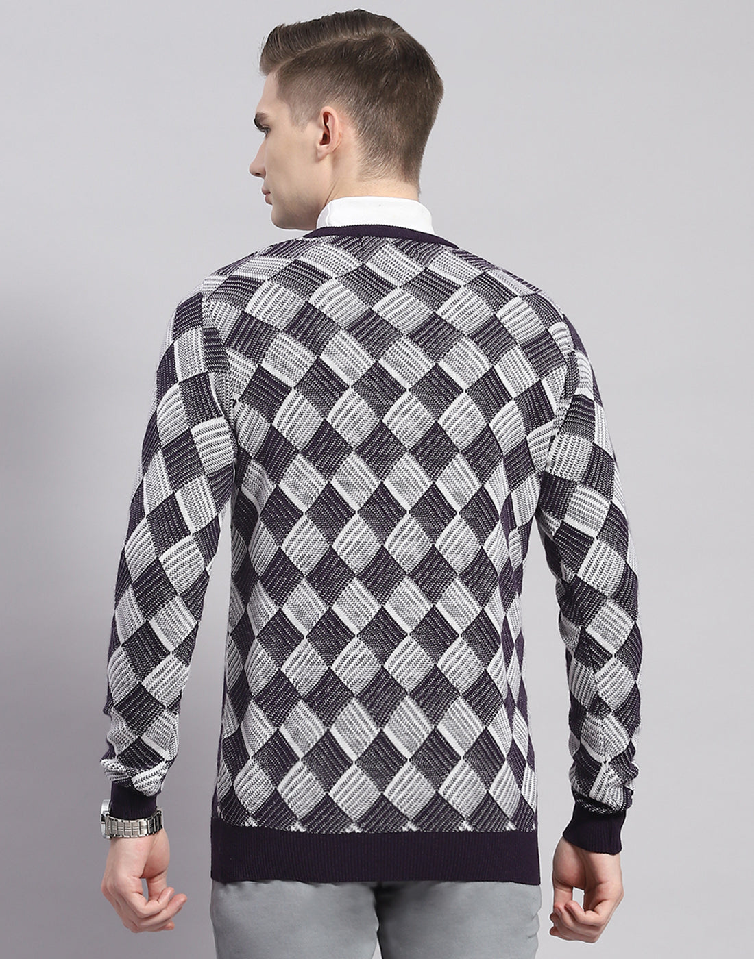 Men Navy Blue Self Design V Neck Full Sleeve Pullover