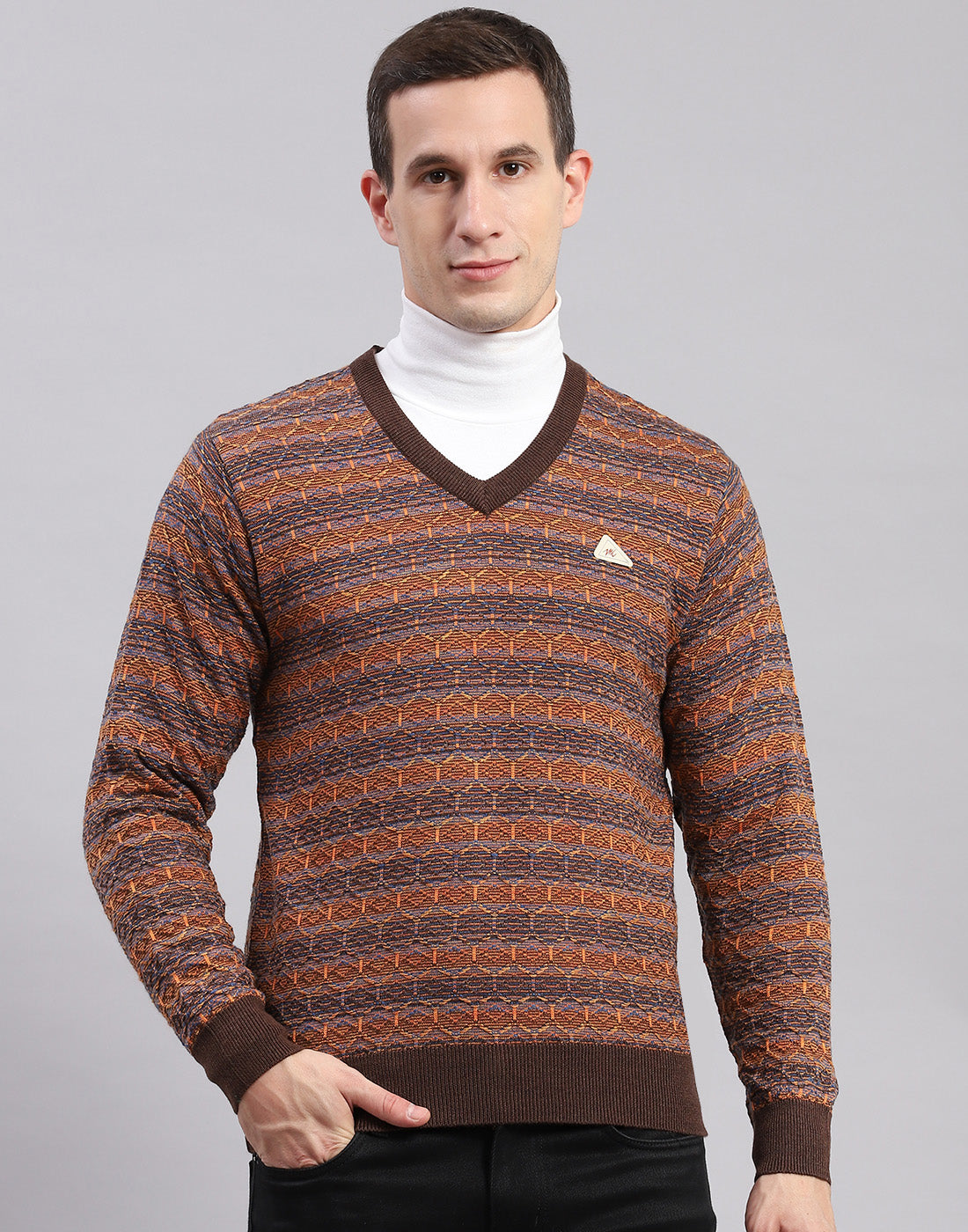 Men Brown Self Design V Neck Full Sleeve Sweaters/Pullovers