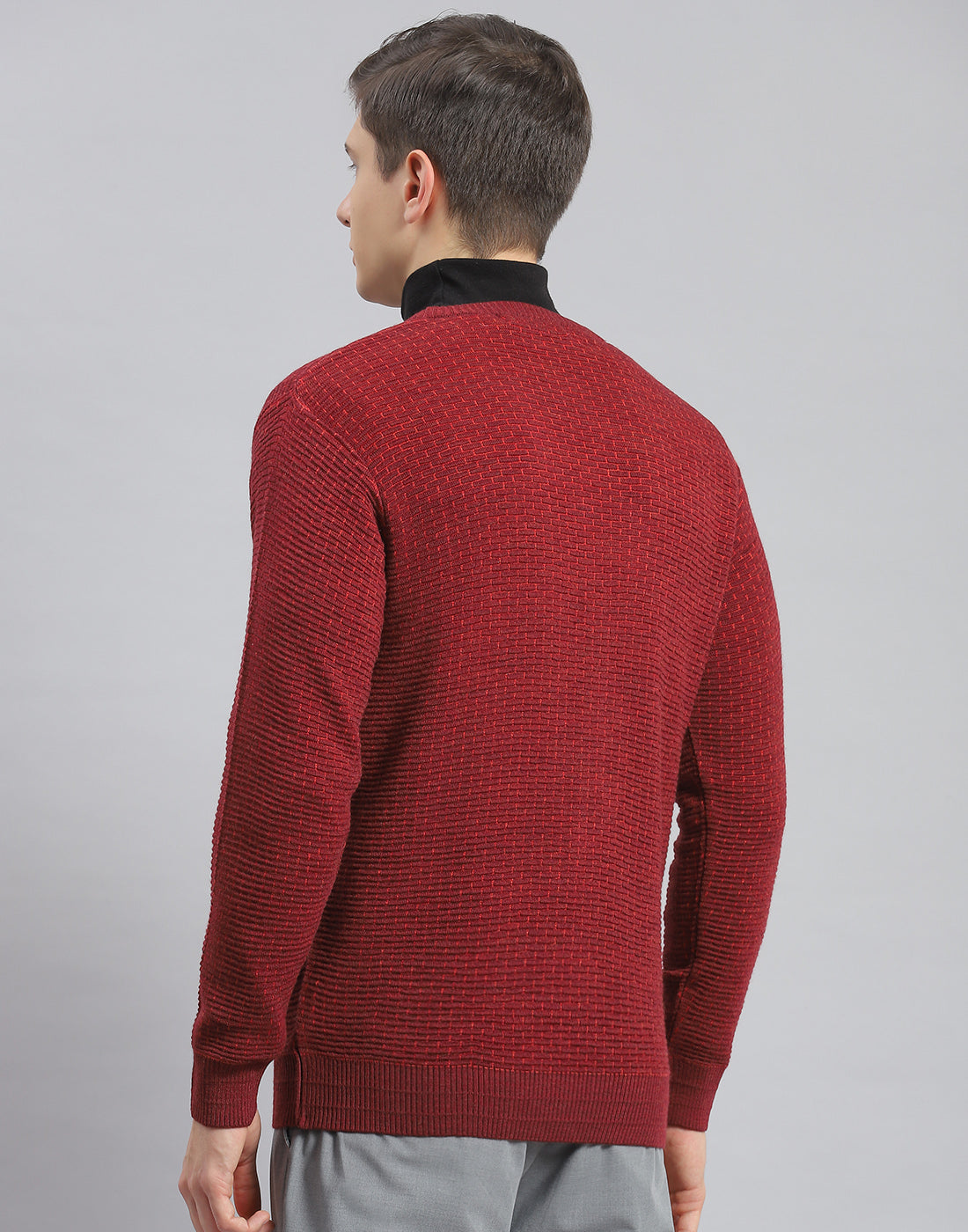 Men Maroon Self Design V Neck Full Sleeve Pullover