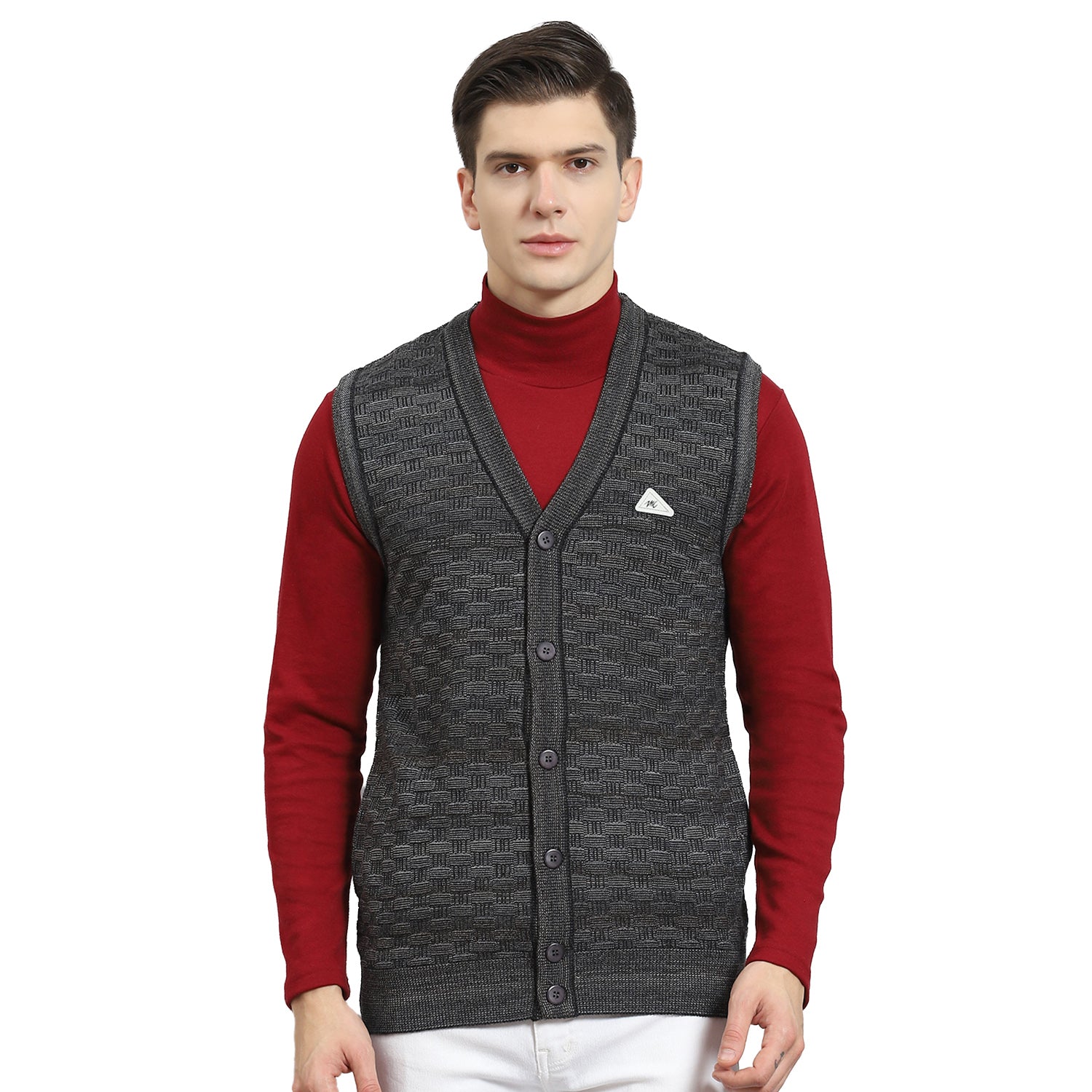Men Grey Self Design V Neck Sleeveless Sweater