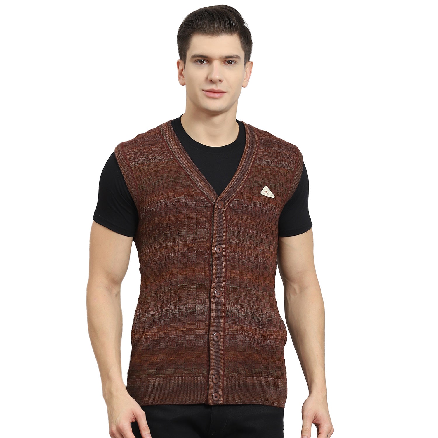 Men Rust Self Design V Neck Sleeveless Sweater