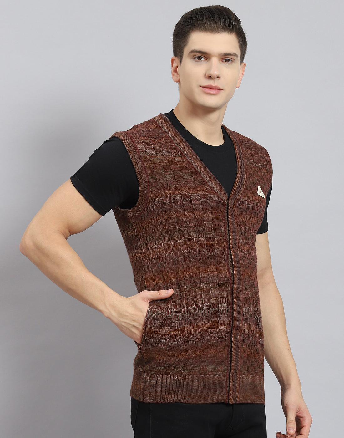 Men Rust Self Design V Neck Sleeveless Sweater
