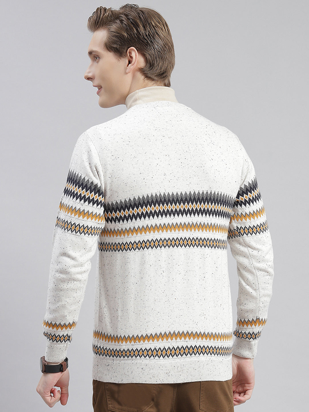 Men Off White Self Design V Neck Full Sleeve Sweaters/Pullovers