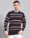 Men Navy Blue Stripe Round Neck Full Sleeve Pullover