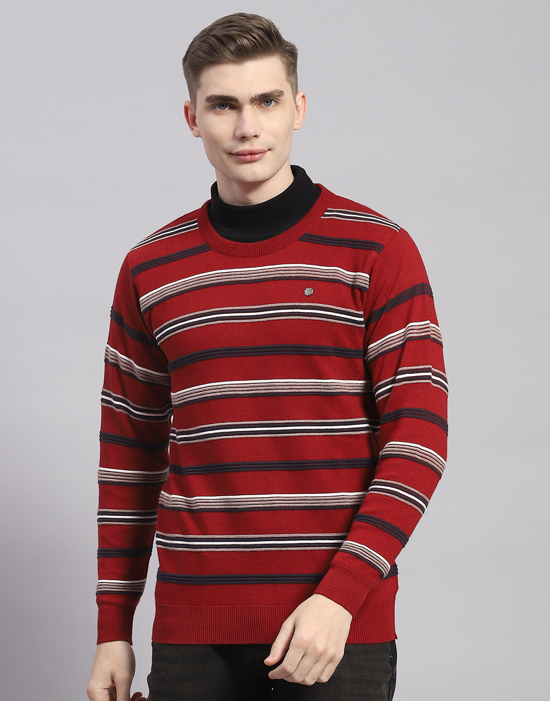 Men Maroon Stripe Round Neck Full Sleeve Pullover