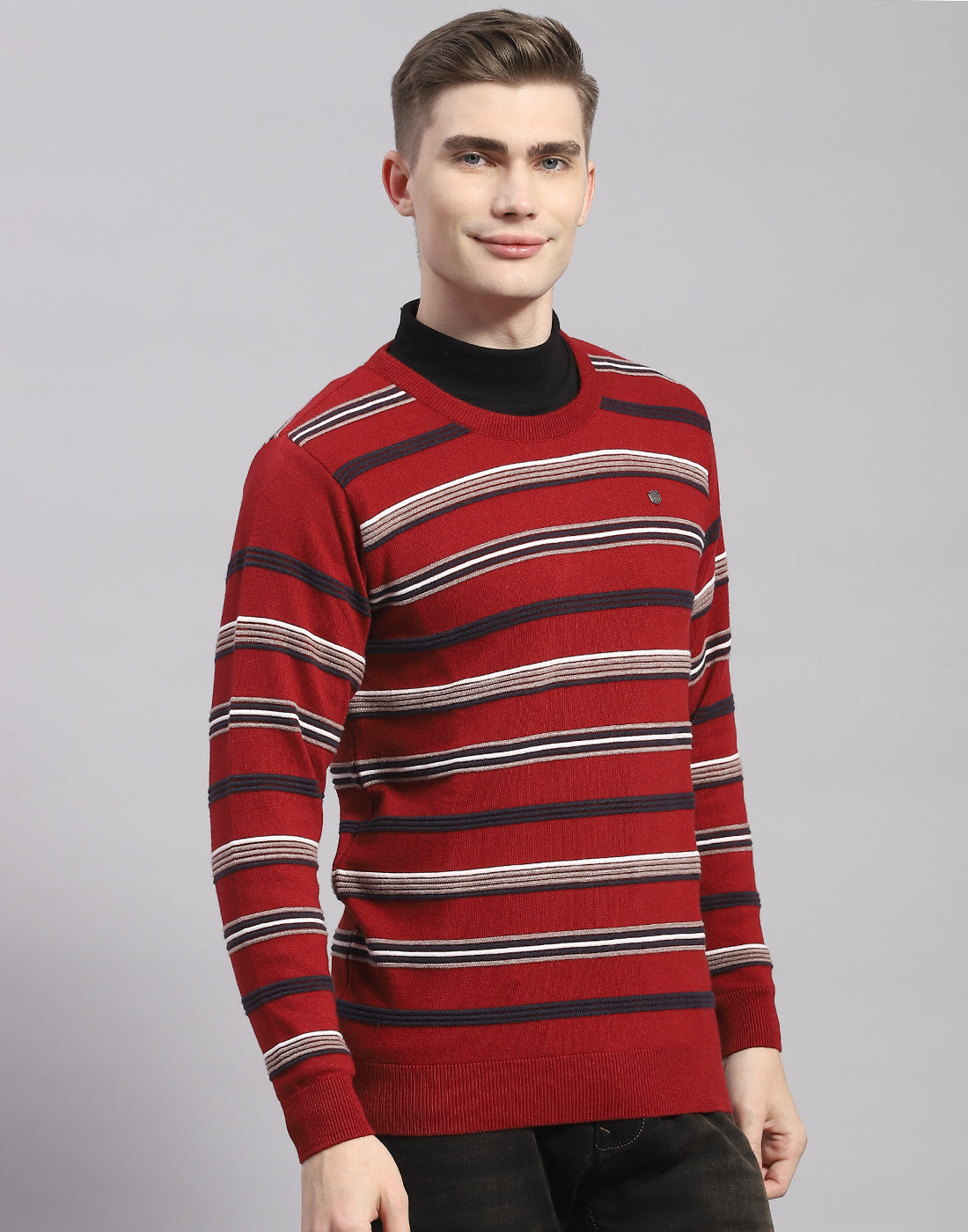 Men Maroon Stripe Round Neck Full Sleeve Pullover