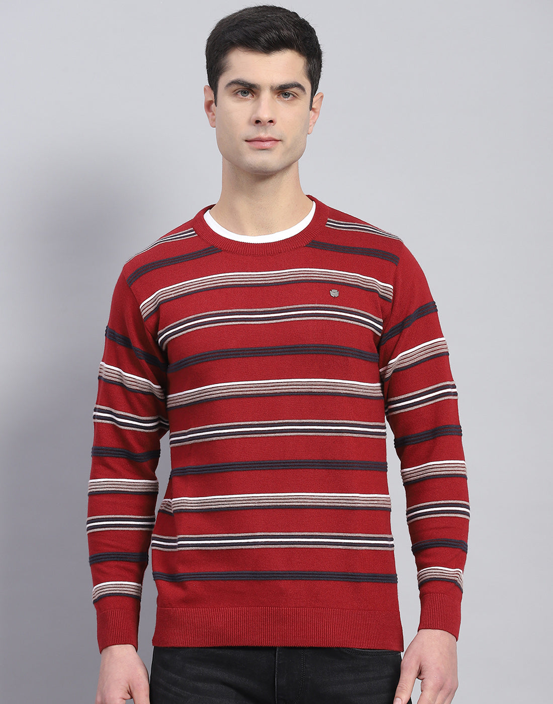 Men Red Stripe Round Neck Full Sleeve Pullover