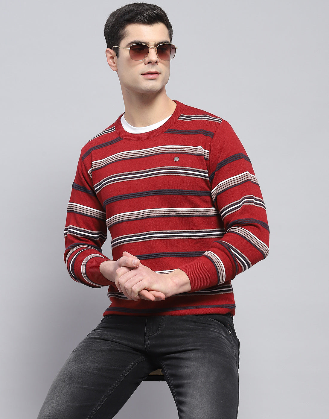 Men Red Stripe Round Neck Full Sleeve Pullover