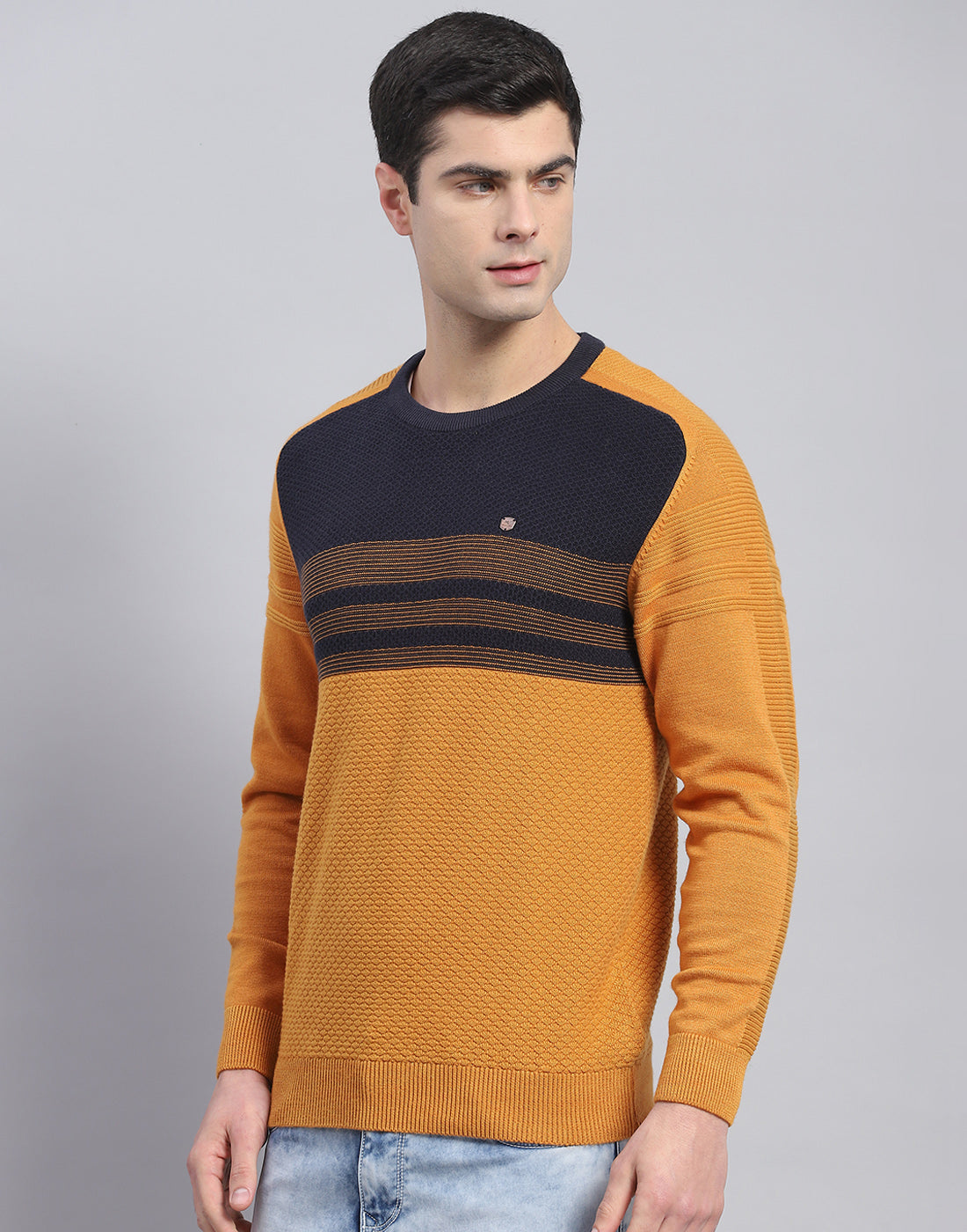 Men Mustard Self Design Round Neck Full Sleeve Pullover