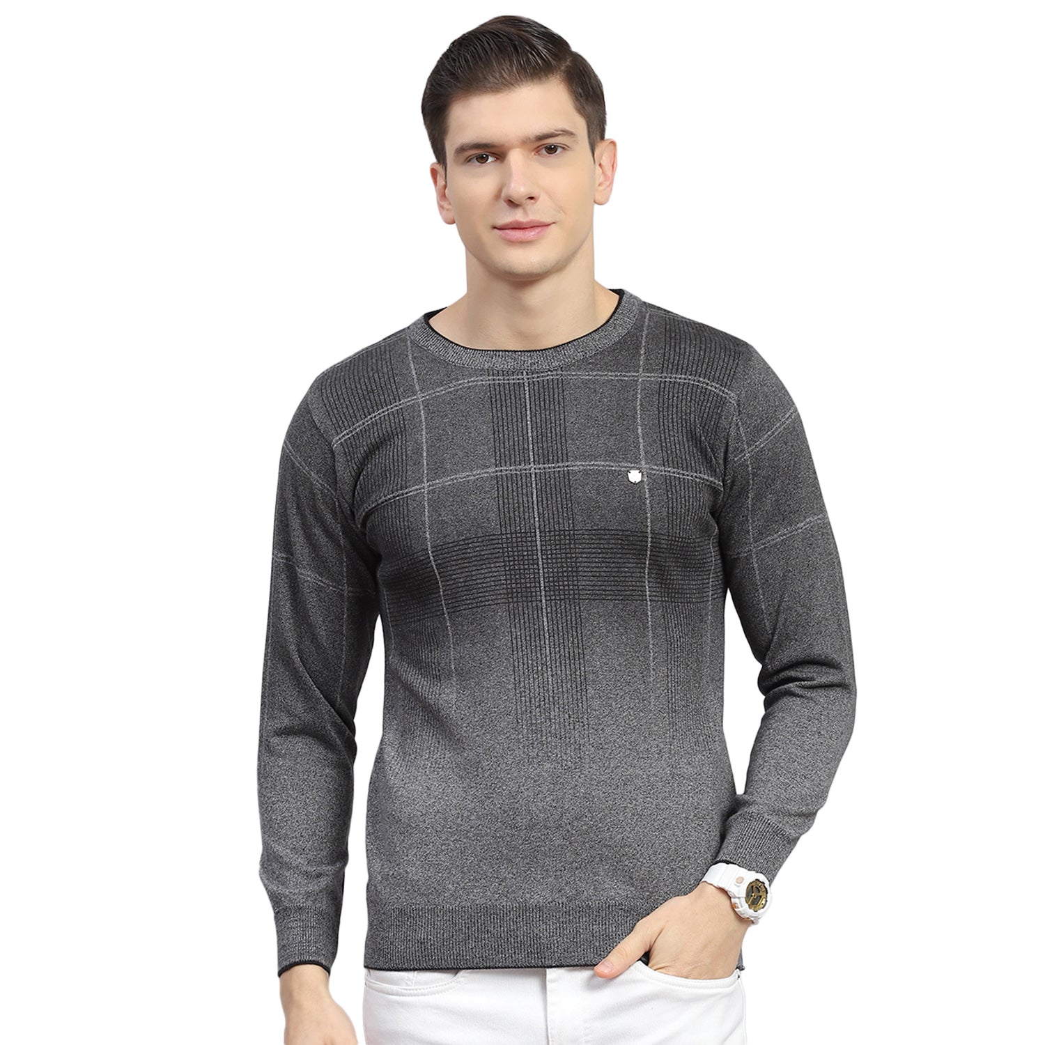 Men Grey Solid Round Neck Full Sleeve Sweater