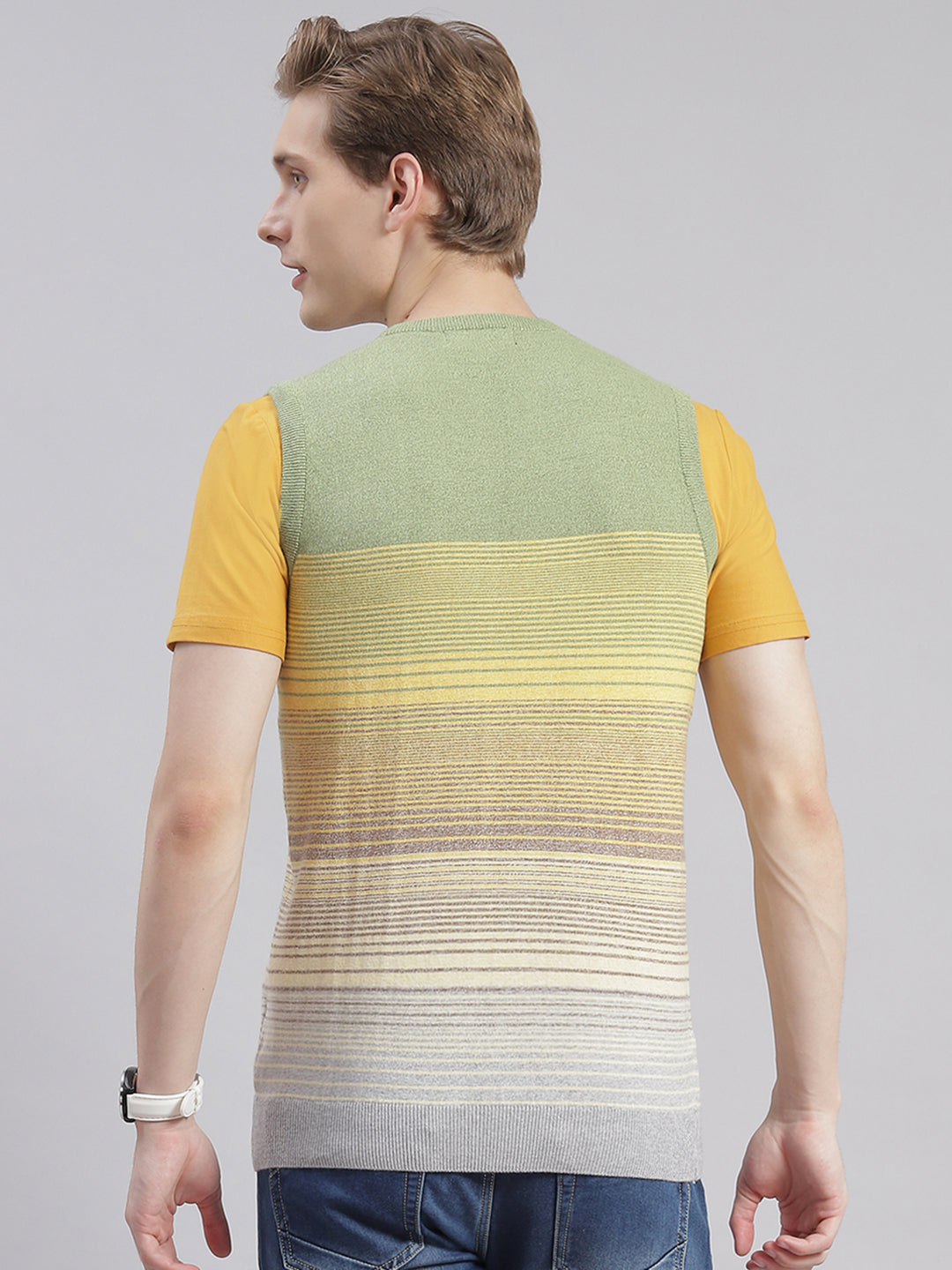 Men Olive Stripe V Neck Sleeveless Sweaters/Pullovers