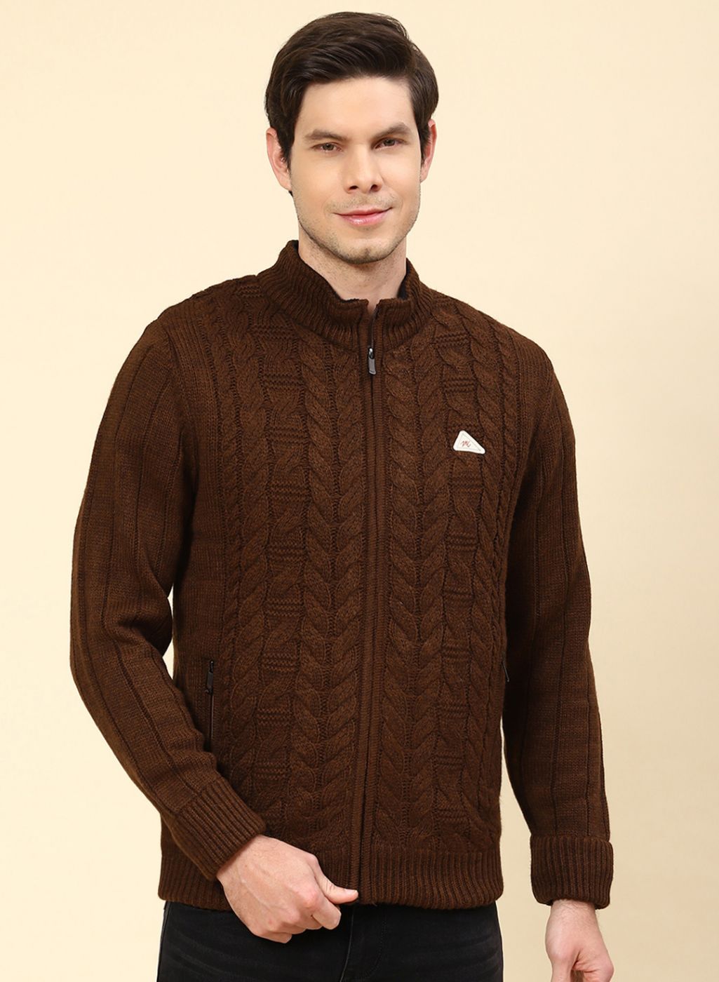 Men Brown Self Design Wool blend Jacket