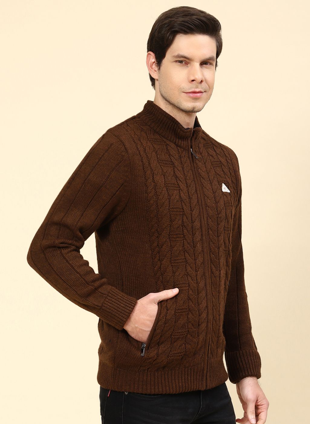 Men Brown Self Design Wool blend Jacket