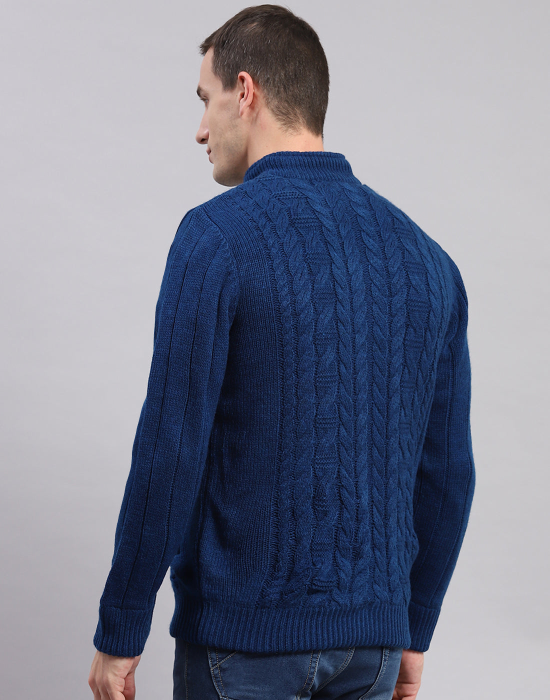 Men Blue Self Design Stand Collar Full Sleeve Jackets