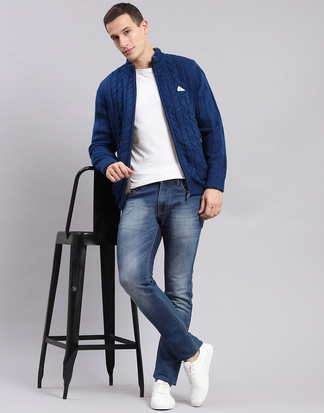 Men Blue Self Design Stand Collar Full Sleeve Jackets