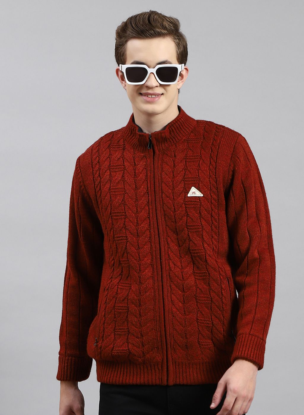 Men Orange Self Design Wool blend Jacket