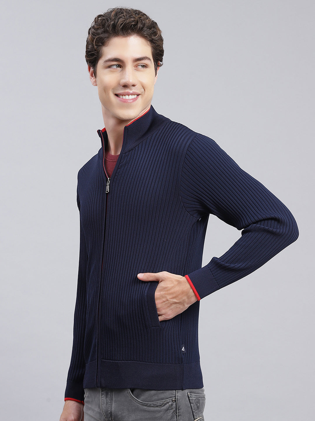 Men Navy Blue Self Design Wool blend Pullover