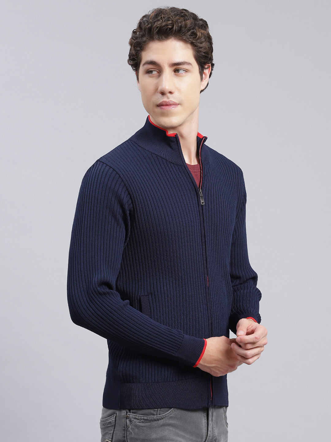 Men Navy Blue Self Design Wool blend Pullover