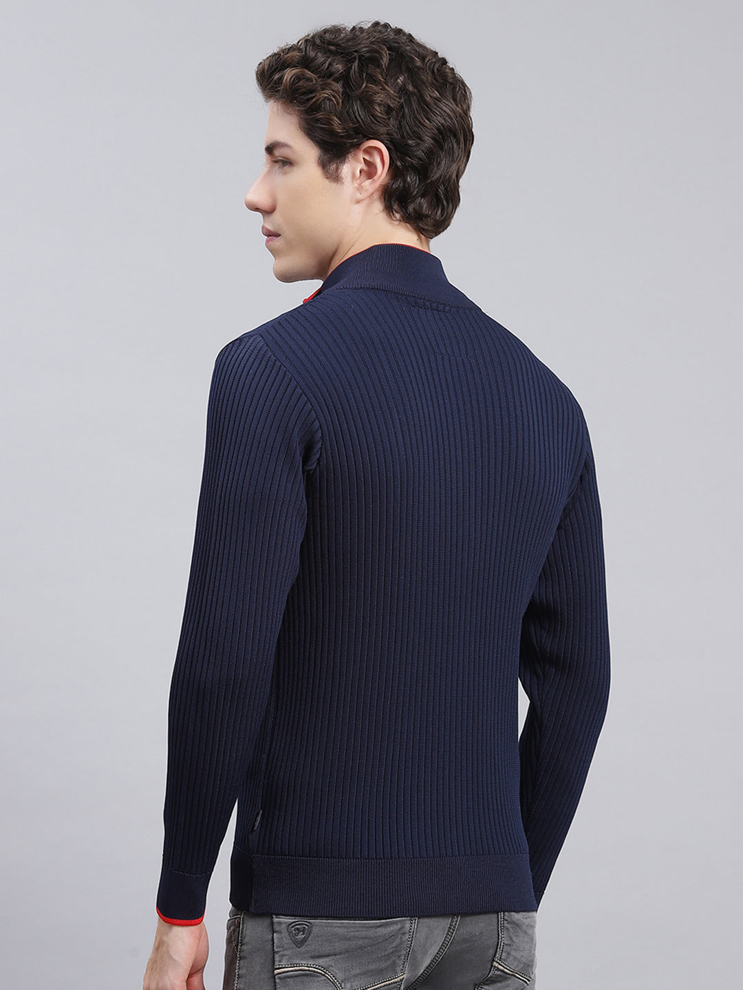 Men Navy Blue Self Design Wool blend Pullover