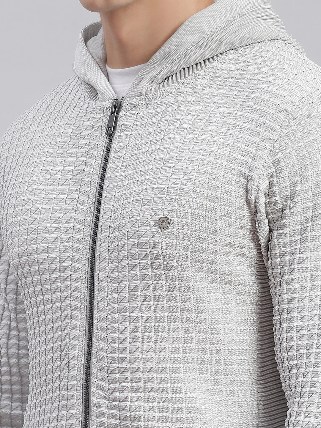 Men Grey Self Design Hooded Full Sleeve Sweaters/Pullovers