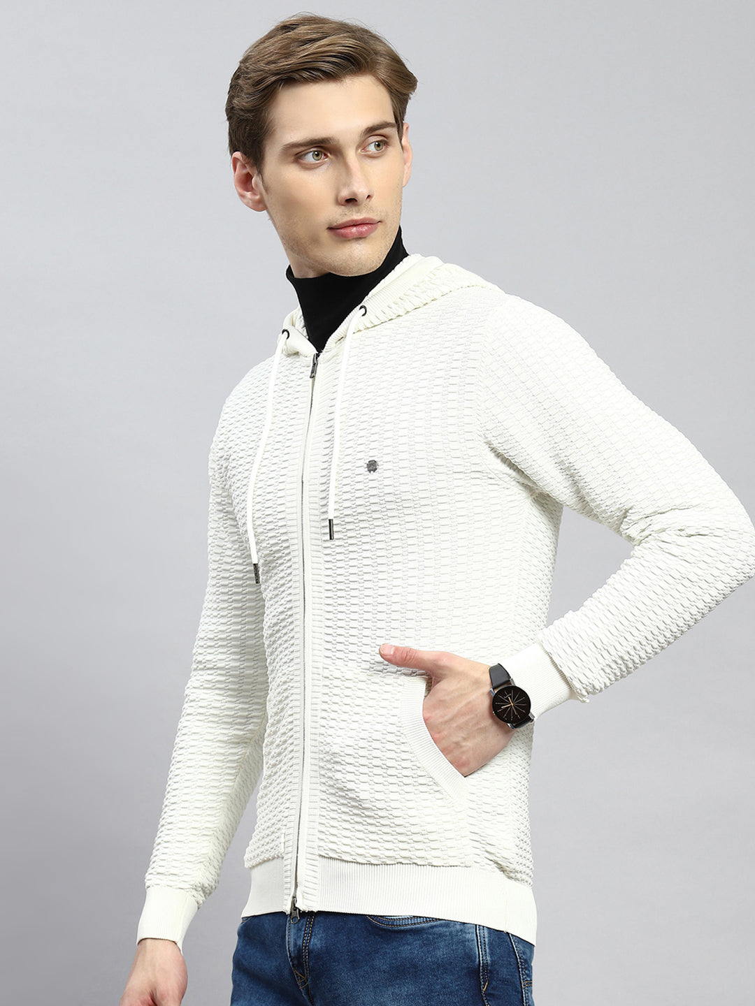 Men Off White Self Pullover