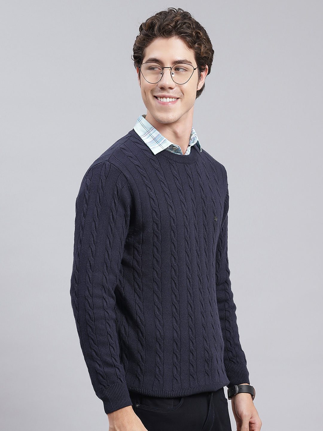 Men Navy Blue Self Design Wool blend Pullover