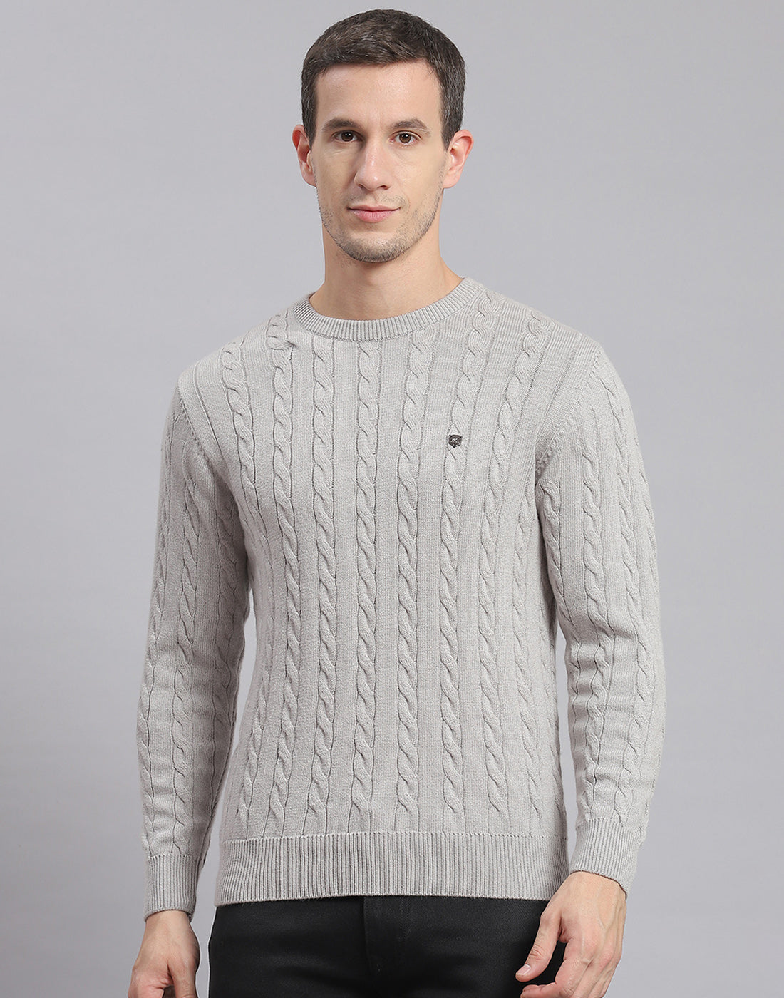 Men Grey Self Design Round Neck Full Sleeve Sweater
