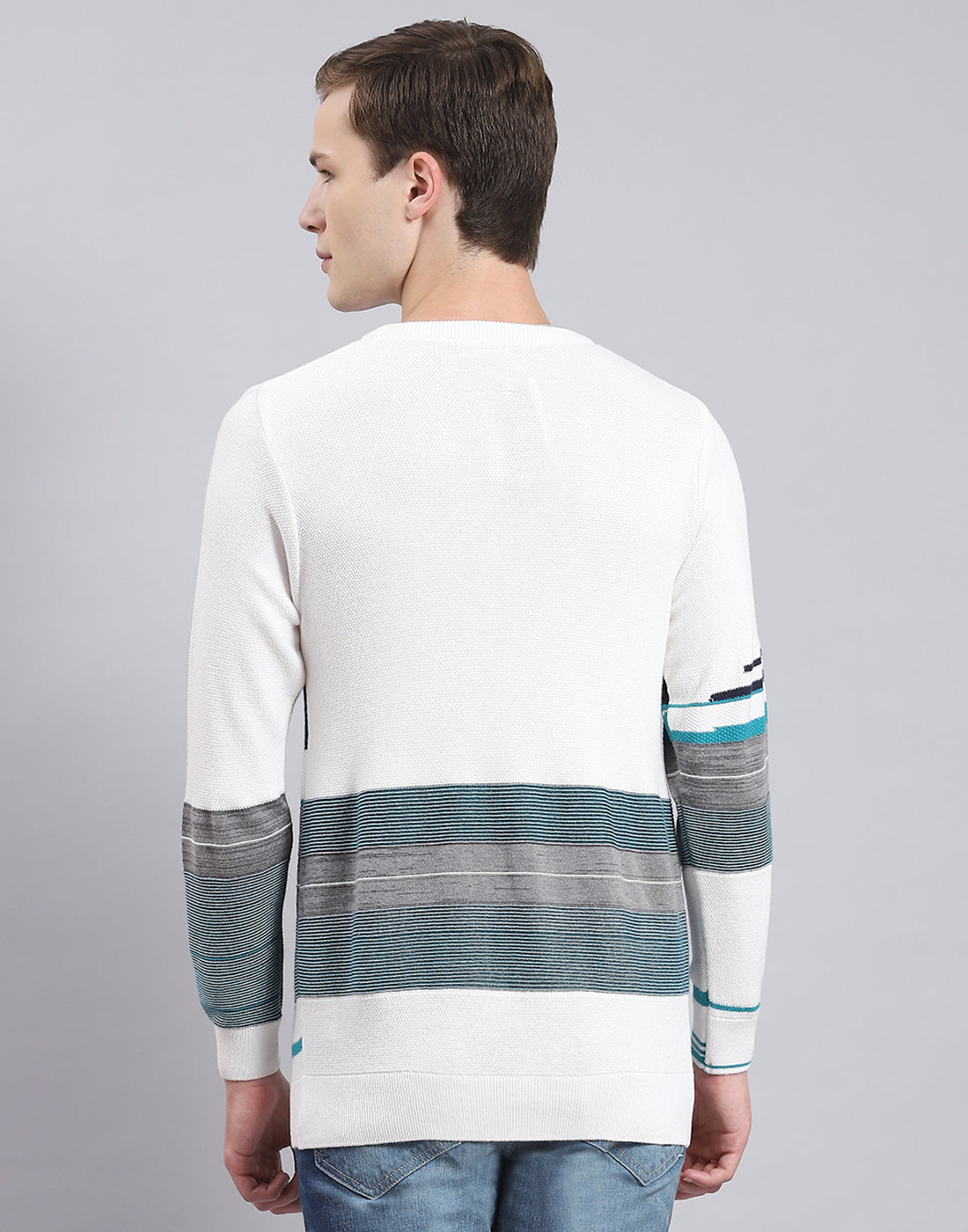 Men White Self Design Round Neck Full Sleeve Sweater