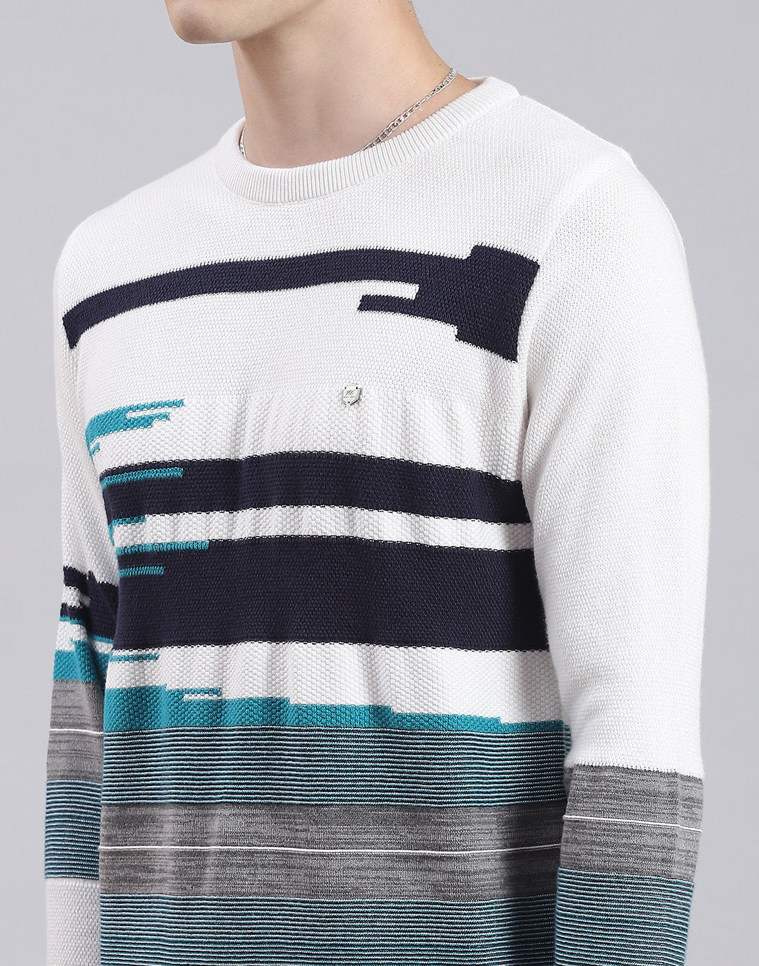 Men White Self Design Round Neck Full Sleeve Sweater