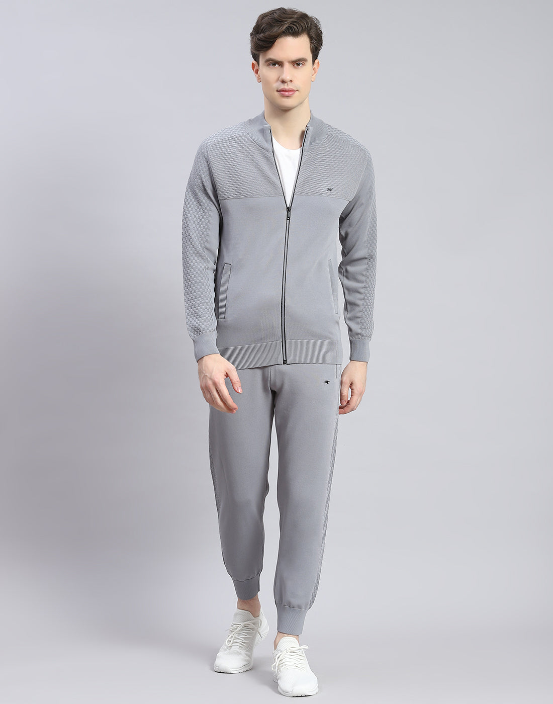 Men Grey Self Design Stand Collar Full Sleeve Tracksuit