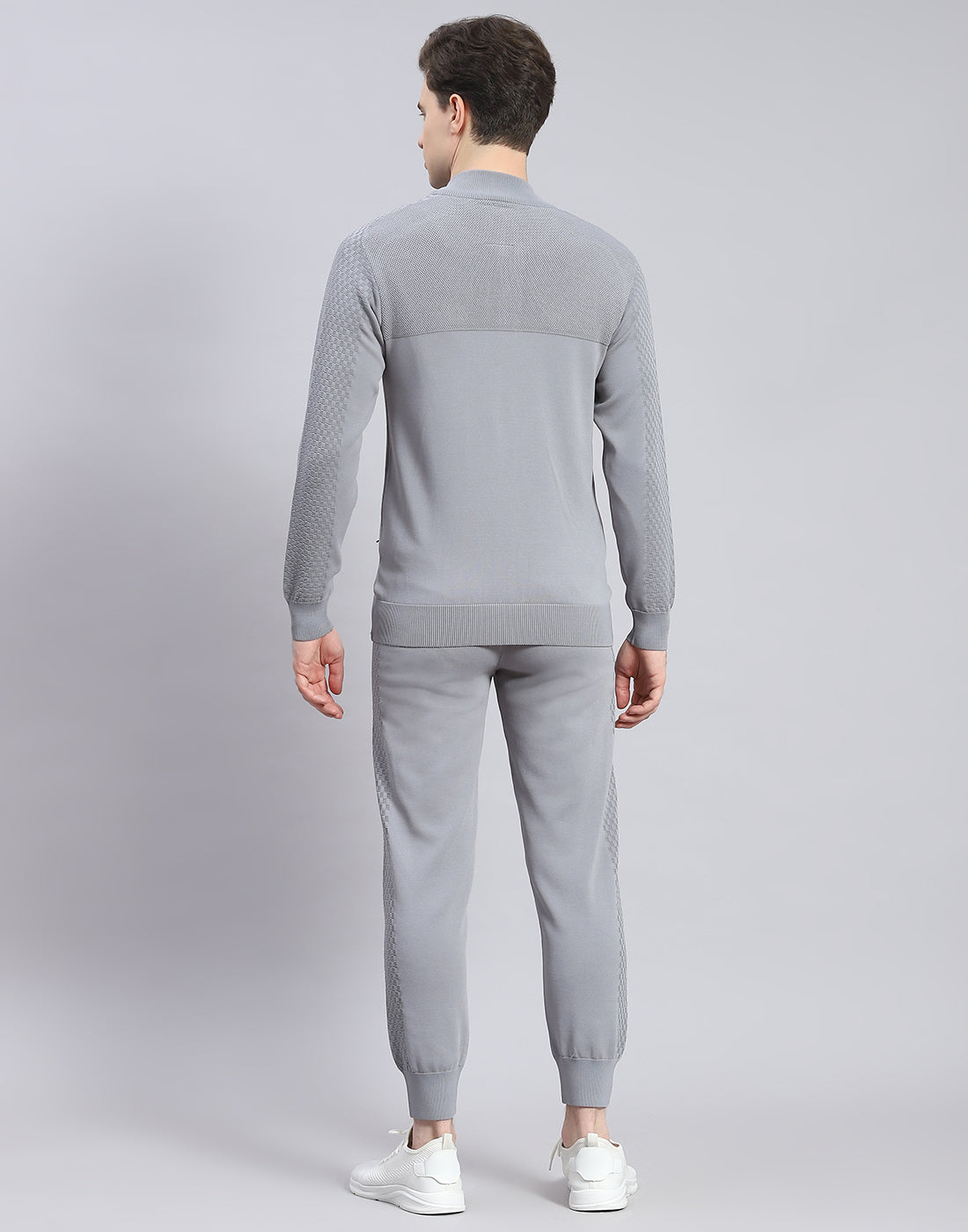 Men Grey Self Design Stand Collar Full Sleeve Tracksuit
