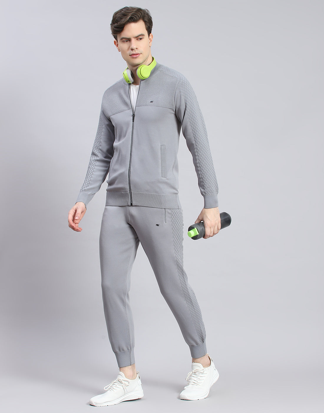 Men Grey Self Design Stand Collar Full Sleeve Tracksuit