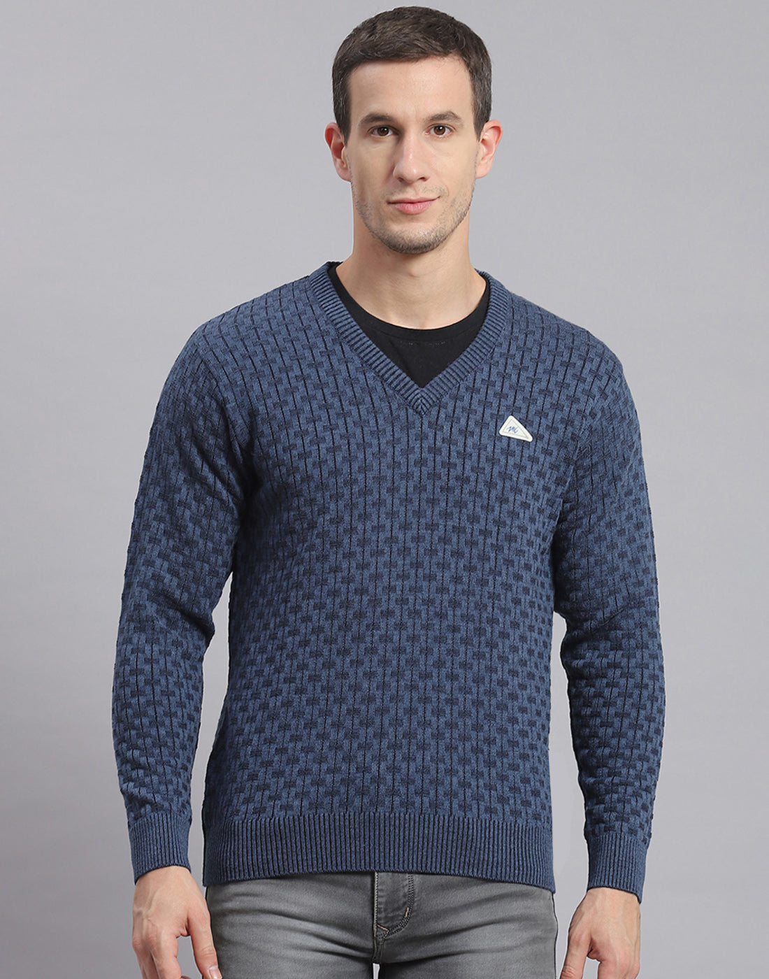Men Blue Self Design V Neck Full Sleeve Sweater