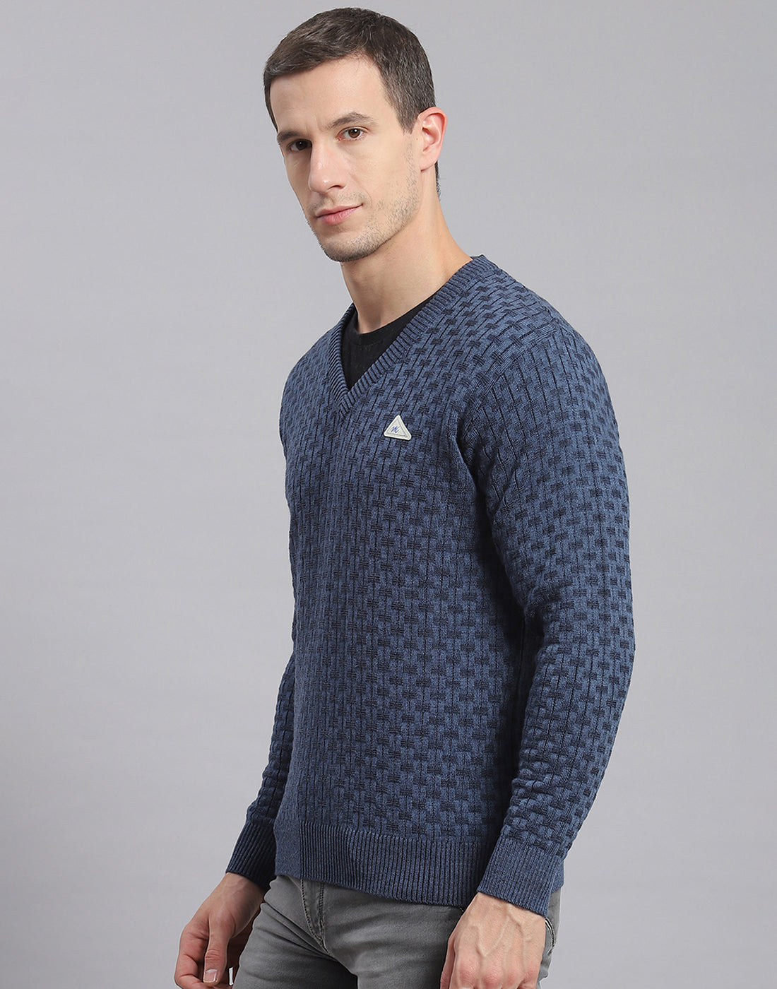 Men Blue Self Design V Neck Full Sleeve Sweater