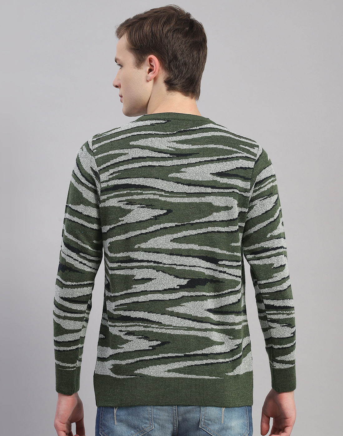 Men Green Printed Round Neck Full Sleeve Pullover