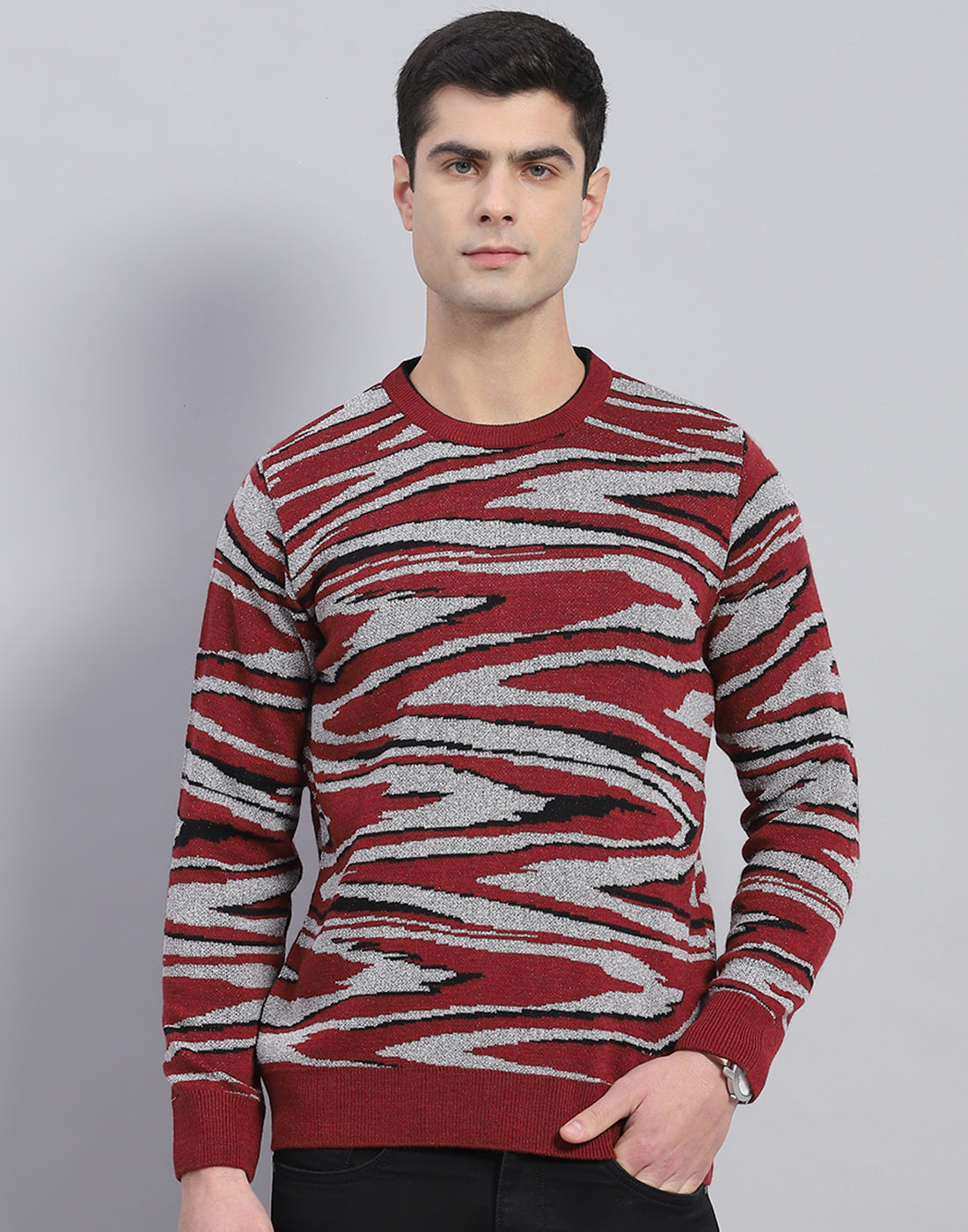 Men Red Self Design Round Neck Full Sleeve Pullover