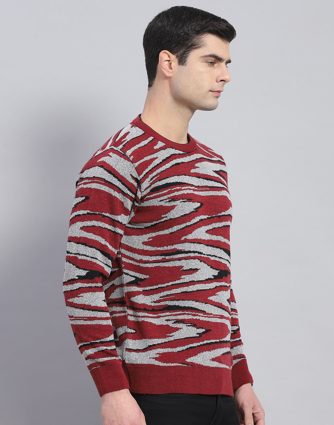 Men Red Self Design Round Neck Full Sleeve Pullover