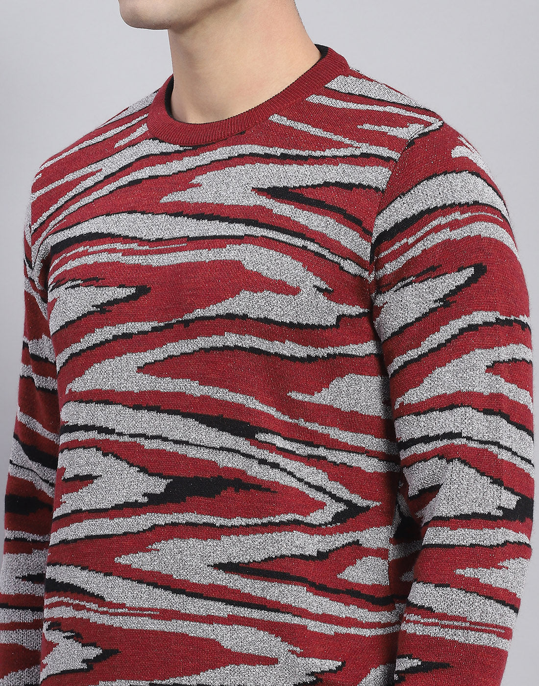 Men Red Self Design Round Neck Full Sleeve Pullover