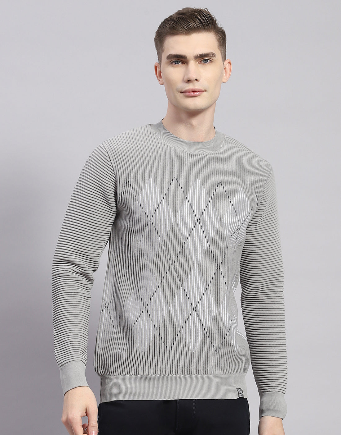 Men Grey Printed Round Neck Full Sleeve Pullover