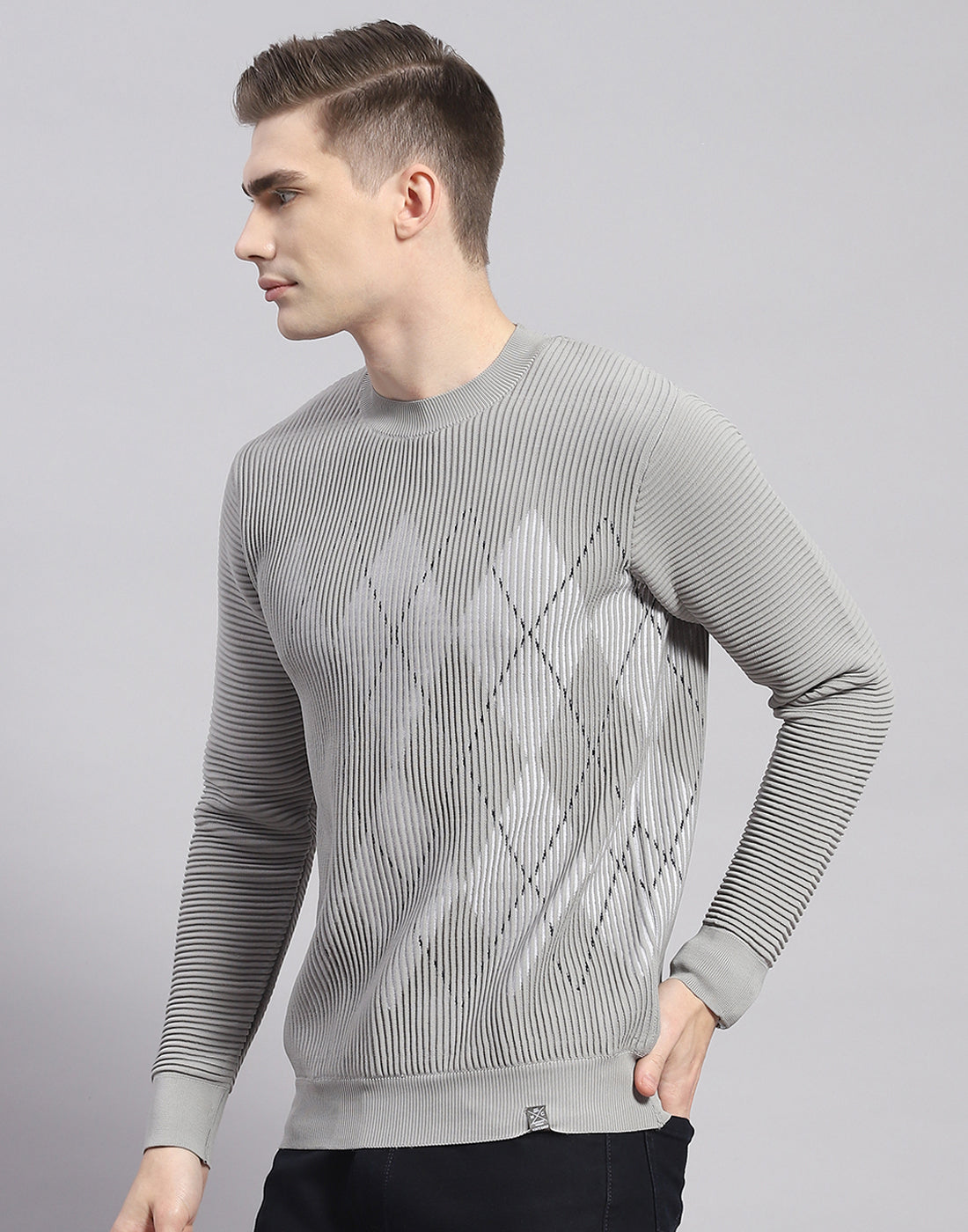 Men Grey Printed Round Neck Full Sleeve Pullover