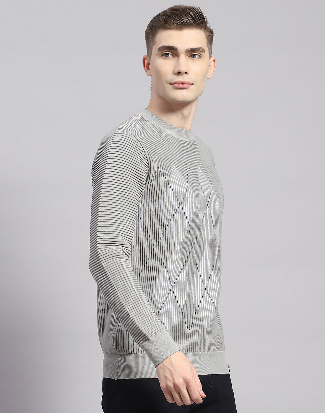 Men Grey Printed Round Neck Full Sleeve Pullover